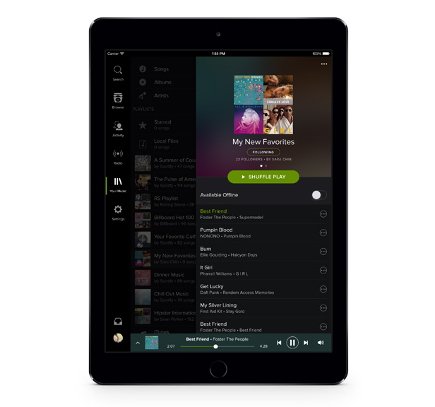 Aplicación Spotify en una tableta