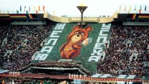 A wall of cards displays the Games' mascot, Misha the Bear, at the Opening Ceremony at the Lenin Stadium, Moscow.