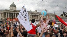 Crowds celebrate in Trafalgar Square as London is announced as the host of the 2012 Olympic Games.