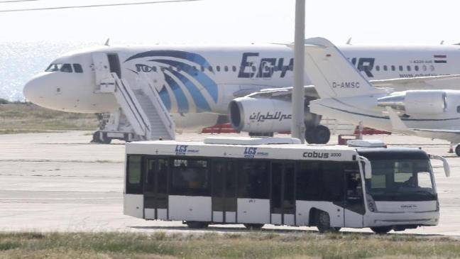 The hijacked EgyptAir aircraft after it landed at Larnaca airport (AP)