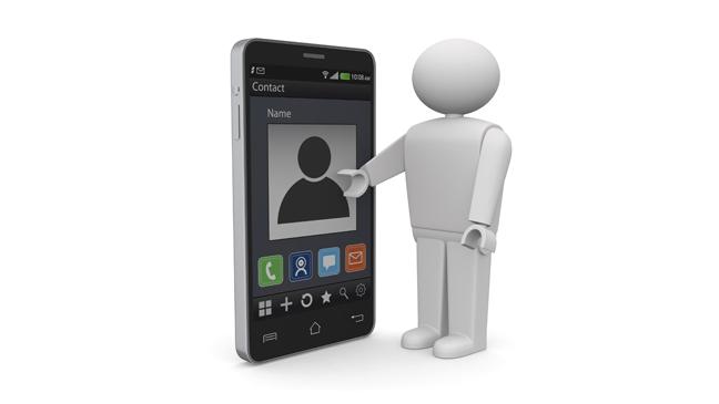 iPhone con información de contacto y hombre ilustrado blanco.
