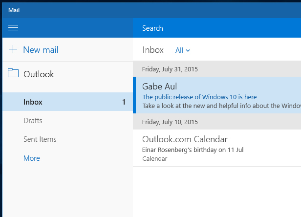 Windows 10 Mail app folders