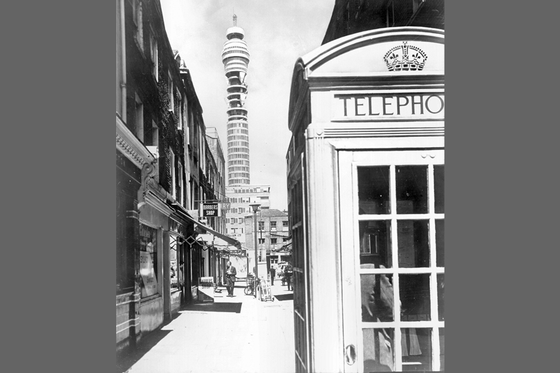 View of Post Office Tower from Rathbone Street, London, 1969.